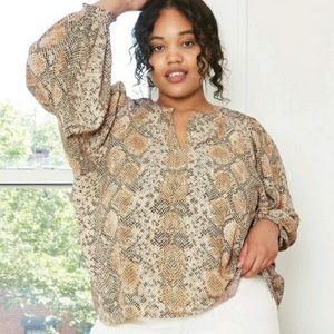 Women's Snake Print Long Balloon Sleeve V-Neck Blouse Plus Size 3X